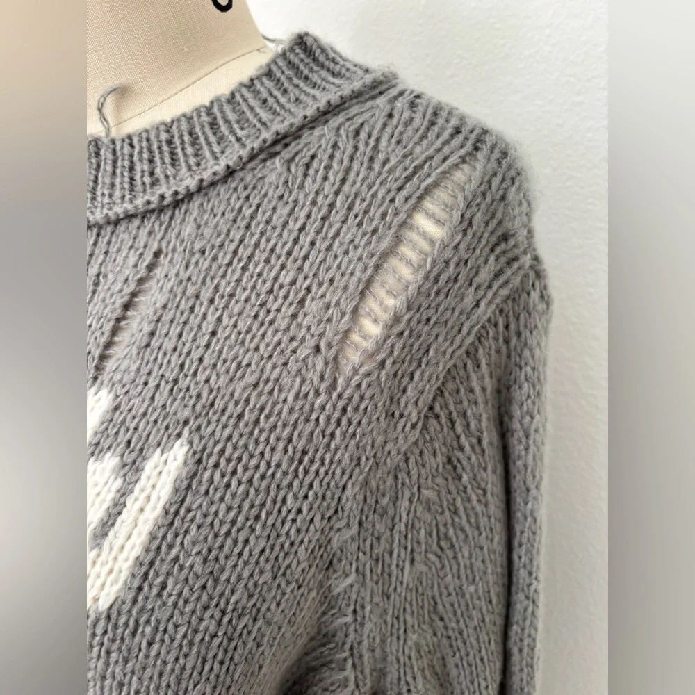 Wooden Ships Snow Bum Graphic Sweater NWT Gray Distressed Slouchy Winter S/M